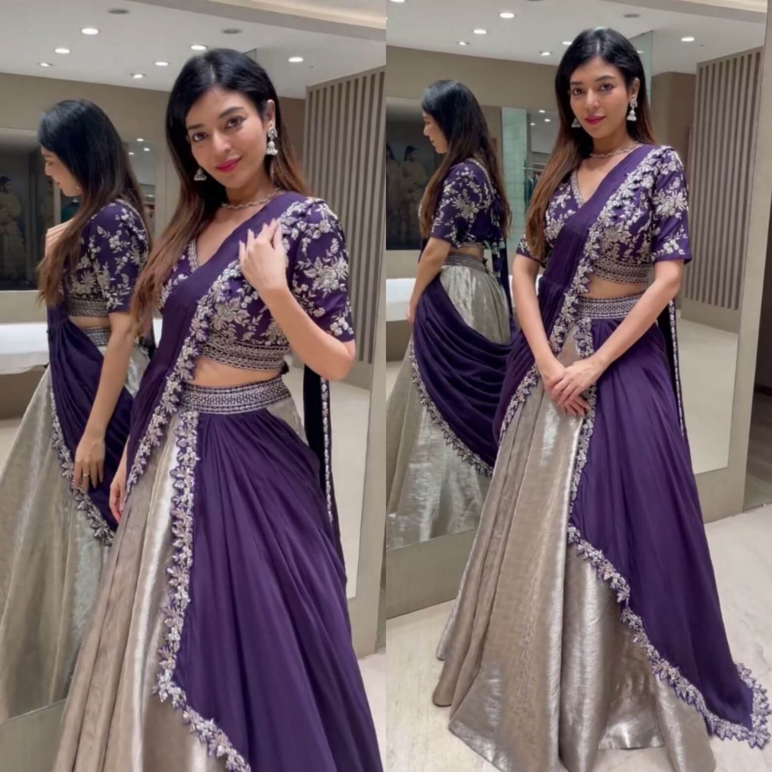 Purple and silver draped lehenga set